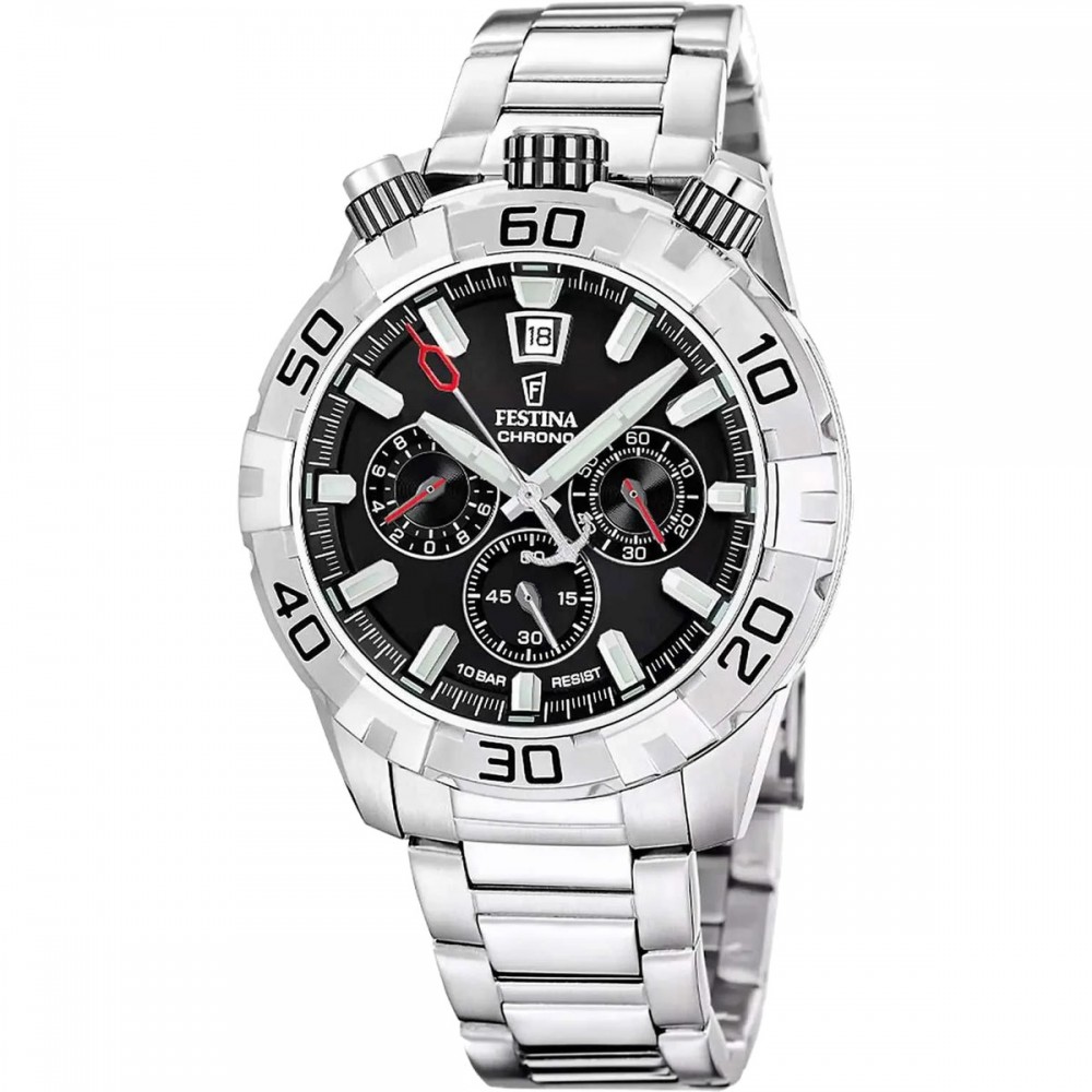 FESTINA Bullhead Ανδρικό Ρολόι Χρονογράφος Ασημί Ανοξείδωτο Ατσάλι Μπρασελέ F20743/6