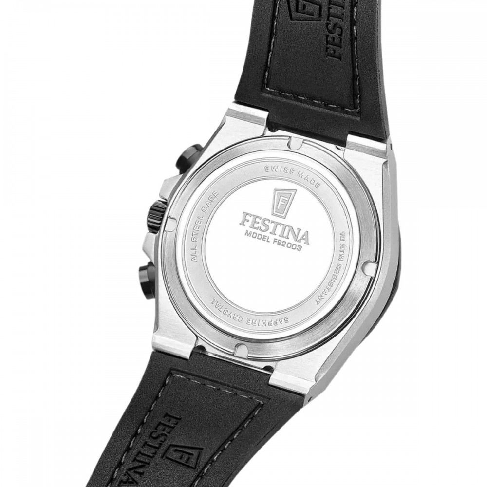 FESTINA Vallée Swiss Made Χρονογράφος Ανδρικό Ρολόι Μαύρο Δερματινο/Σιλικόνης λουράκι F22003/4