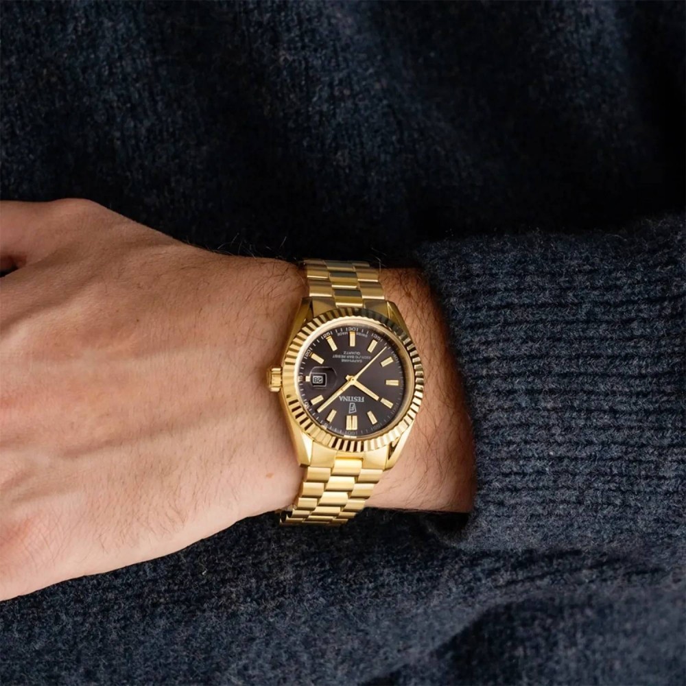FESTINA Ανδρικό Ρολόι Swiss Made Χρυσό Ανοξείδωτο Ατσάλι Μπρασελέ F20086/B