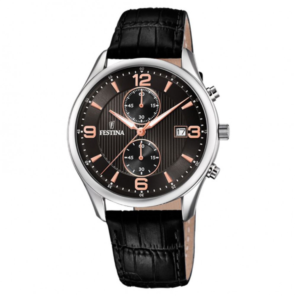 FESTINA Ανδρικό Ρολόι Χρονογράφος Μαύρο Δερμάτινο Λουράκι F6855/7