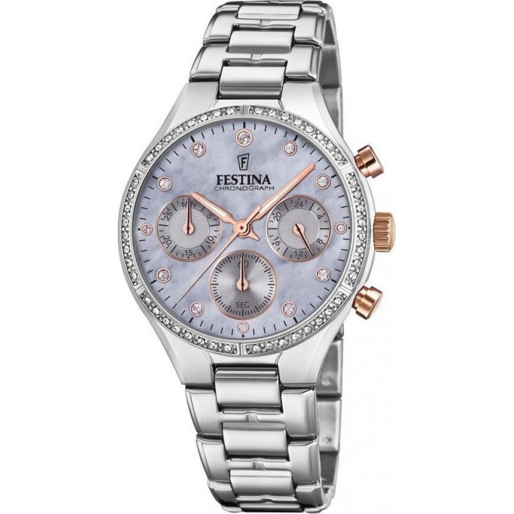 FESTINA  Ρολόι Χρονογράφος Γυναικείο Ασημί Ανοξείδωτο Ατσάλι Μπρασελέ F20401/3