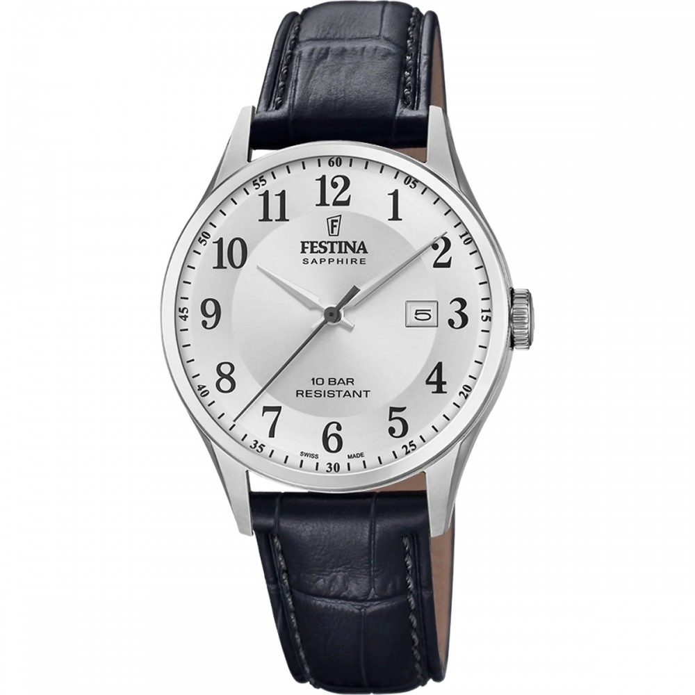 FESTINA Swiss Made Ανδρικό Ρολόι Μαύρο Δερματινο λουράκι F20007/1