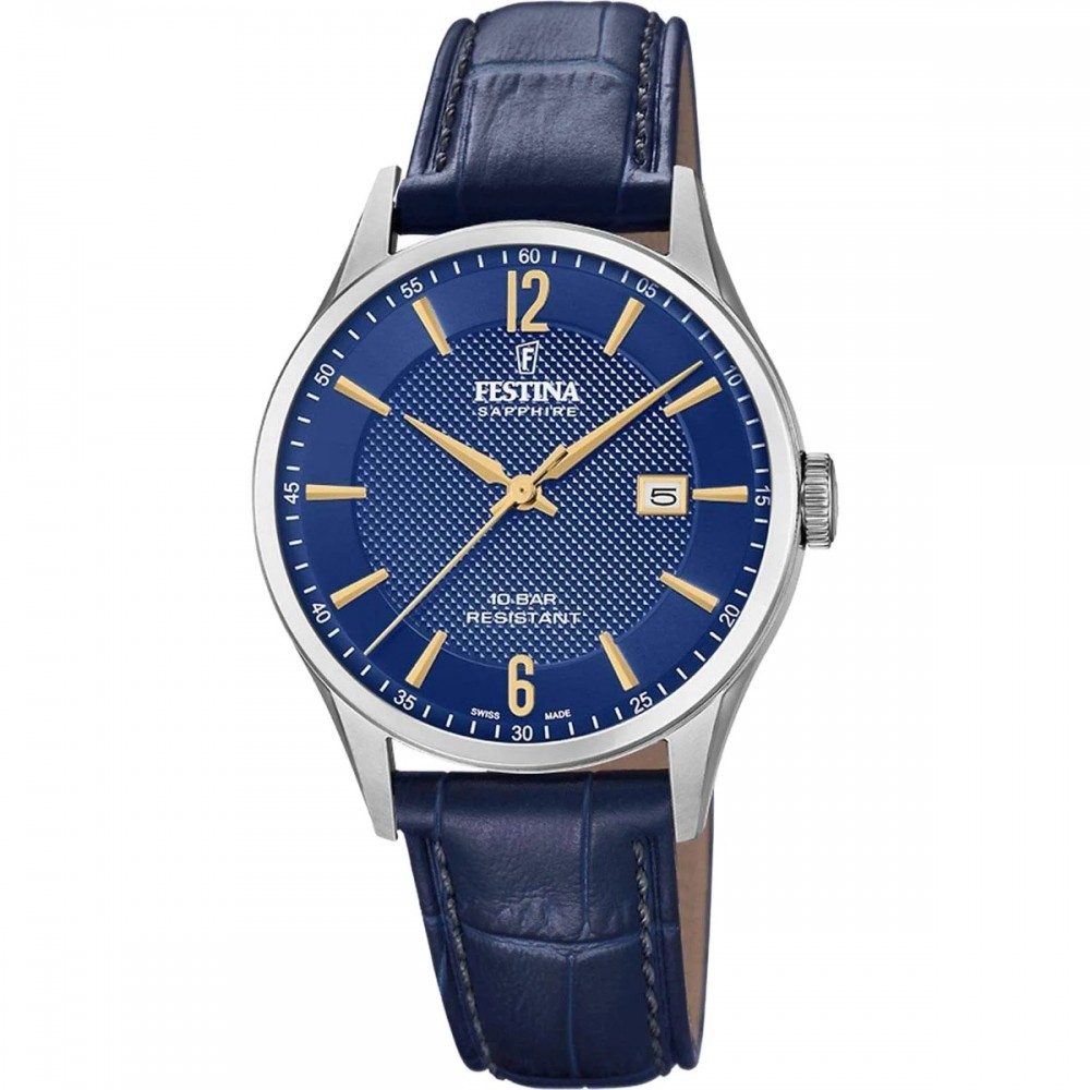 FESTINA Swiss Made Ανδρικό Ρολόι Μπλε Δερματινο λουράκι F20007/3