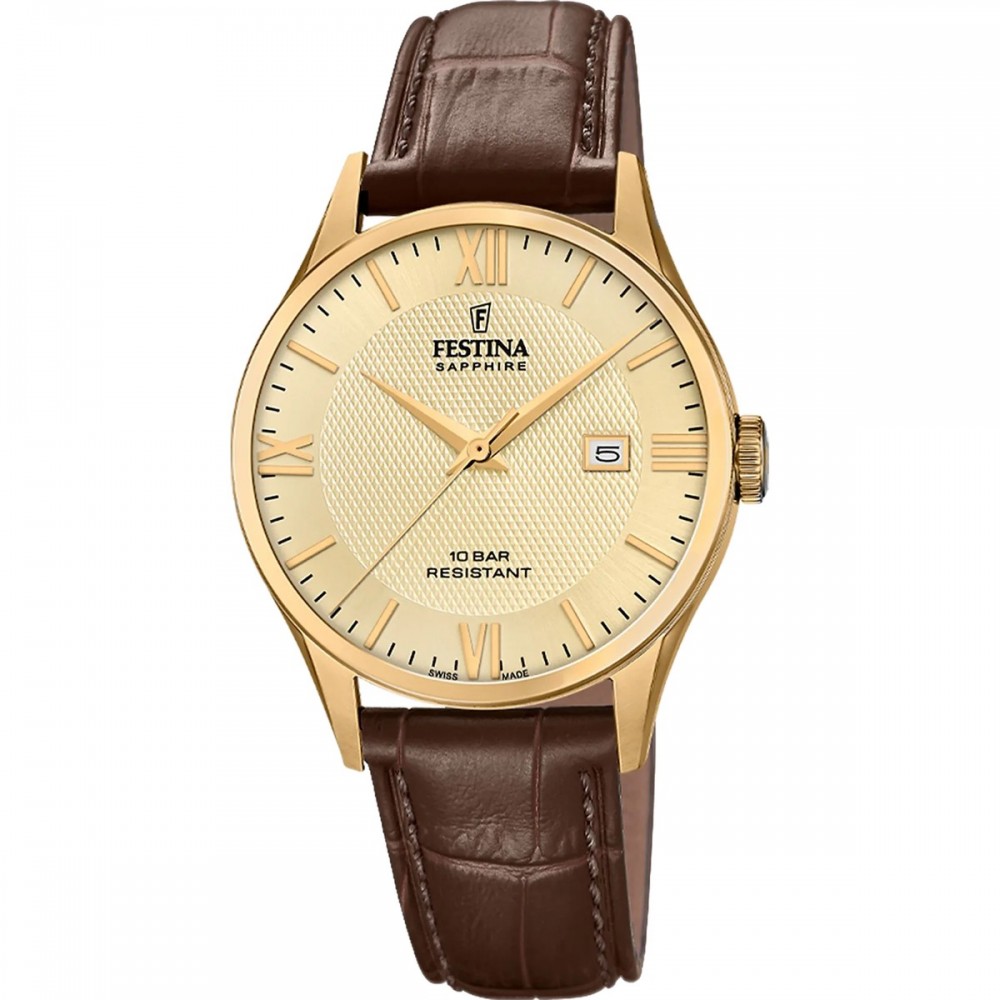 FESTINA Swiss Made Ανδρικό Ρολόι Καφέ Δερματινο λουράκι F20010/5v