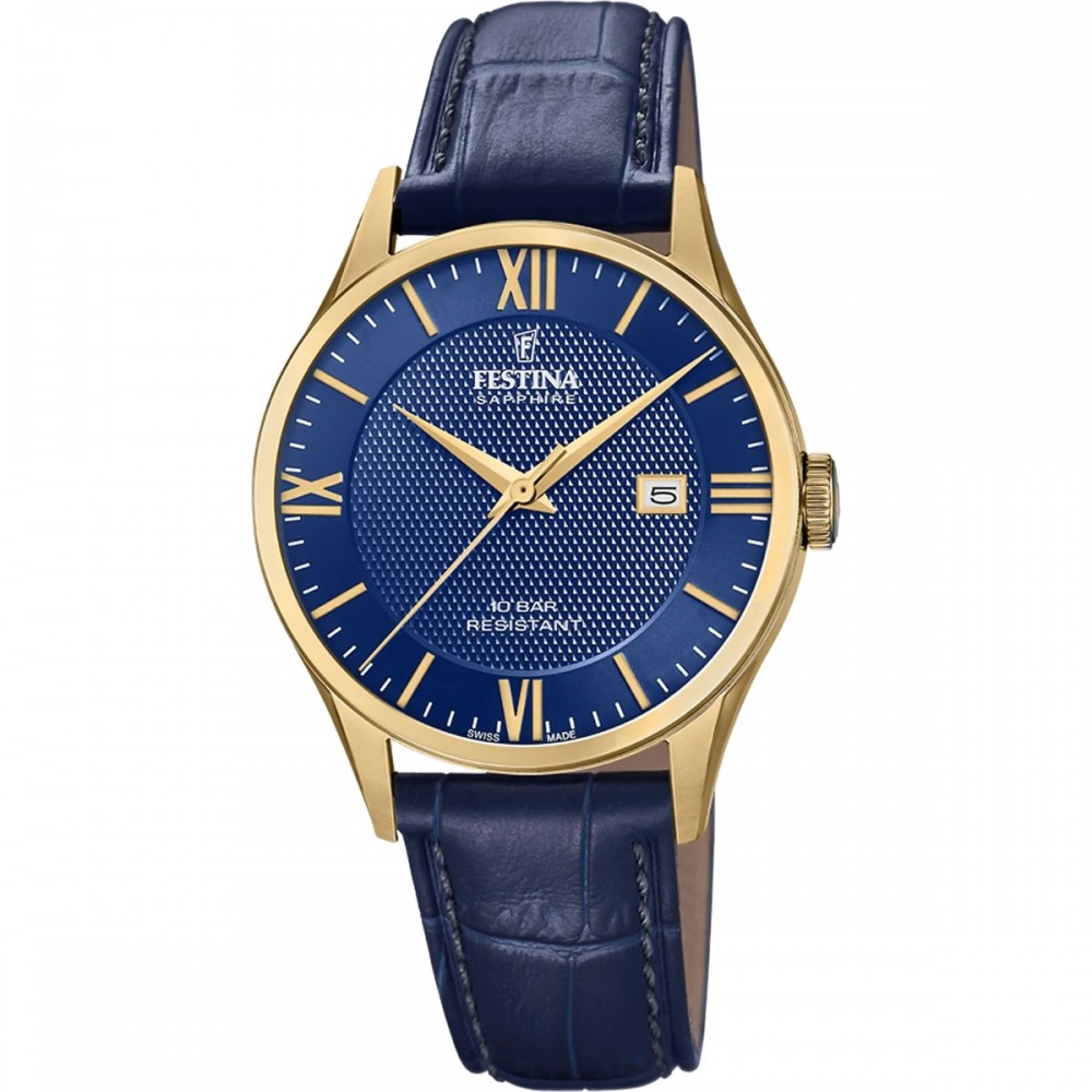 FESTINA Swiss Made Ανδρικό Ρολόι Μπλε Δερματινο λουράκι F20010/3