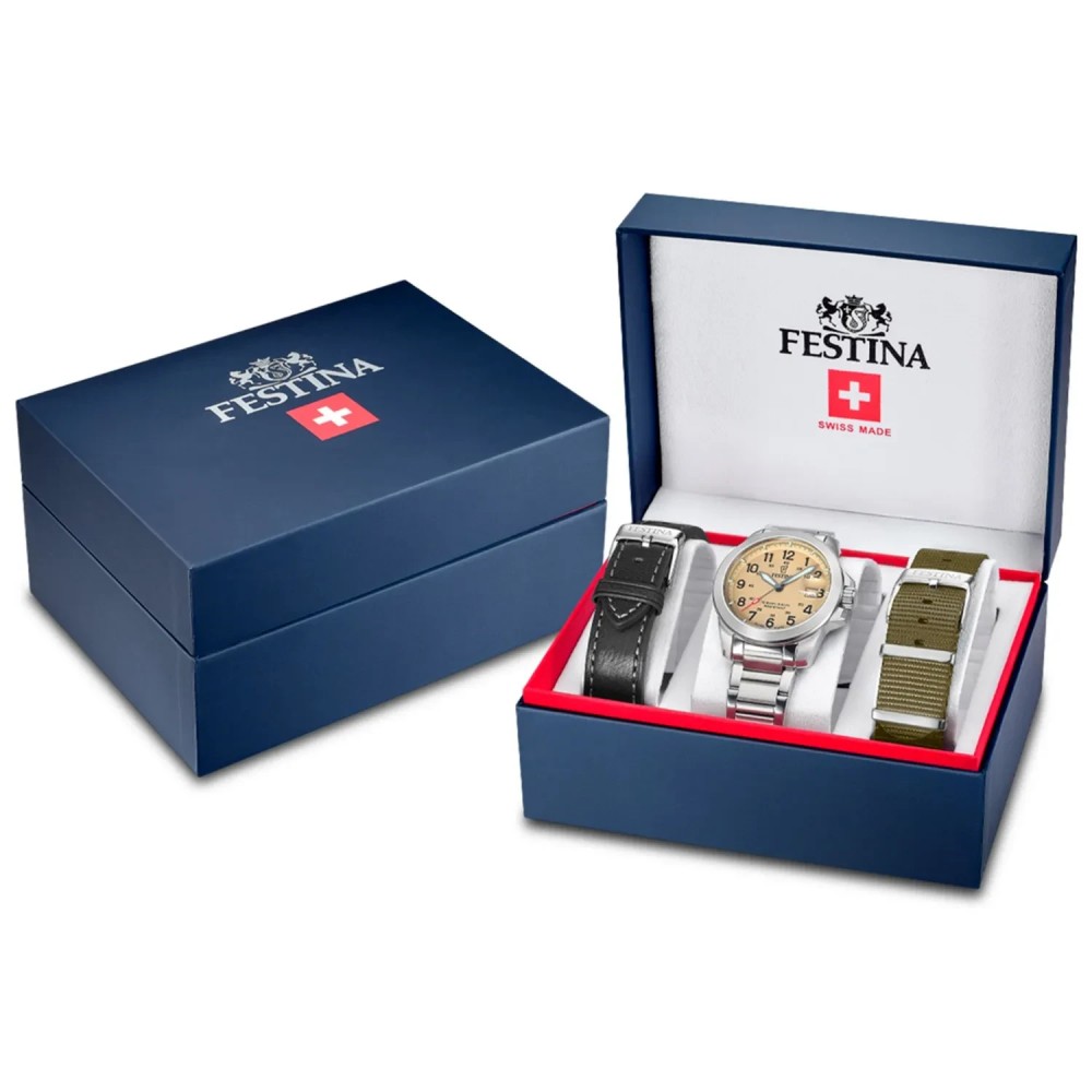 FESTINA Ανδρικό Ρολόι Swiss Made Set Ασημί Ανοξείδωτο Ατσάλι Μπρασελέ F20081/1