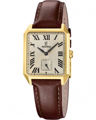 FESTINA Ρολόι Τετράγωνο Χρυσό Καφέ δερμάτινο λουρί F20780/2
