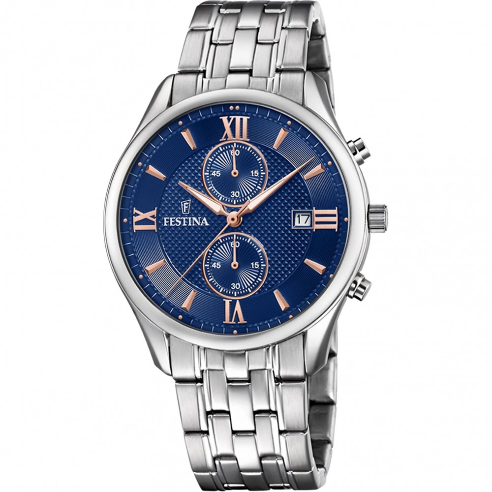 FESTINA Ανδρικό Ρολόι Χρονογράφος Ασημί Ανοξείδωτο Ατσάλι μπρασελέ F6854/6