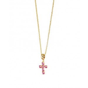 LOISIR Κολιέ Happy Hearts μεταλλικό επίχρυσο με σταυρό από ροζ κρύσταλλα 01L15-01880