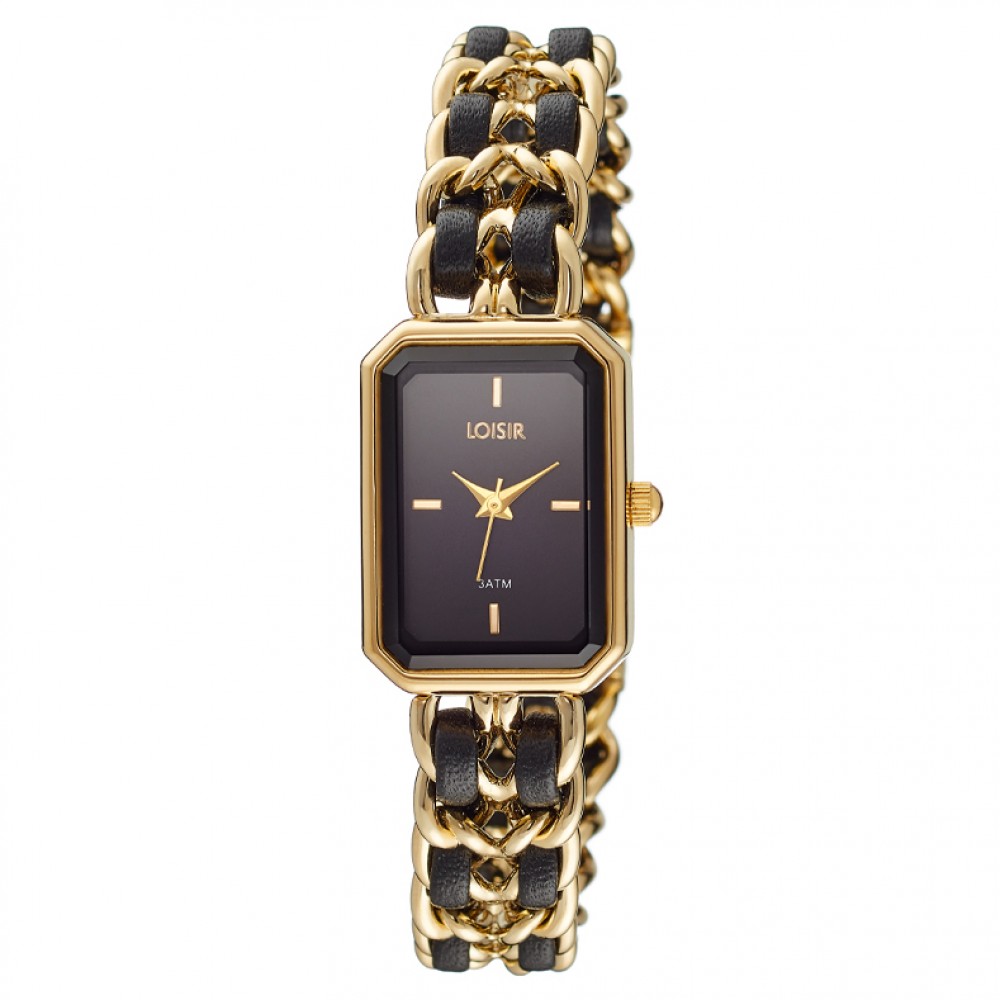LOISIR Ρολόι Macaron με επίχρυσο μεταλλικό/δερμάτινο jewelry band και μαύρο καντράν 11L05-00725