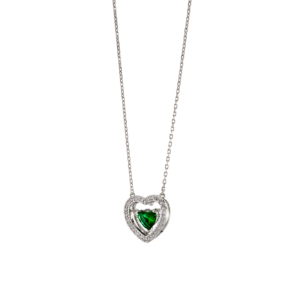 LOISIR Κολιέ Happy Hearts μεταλλικό ασημί με καρδιές, πράσινα και λευκά ζιργκόν 01L15-01498