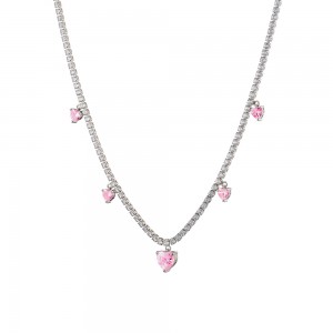 LOISIR Κολιέ Happy Hearts μεταλλικό ασημί με ροζ ζιργκόν καρδιές και λευκά ζιργκόν 01L15-01686
