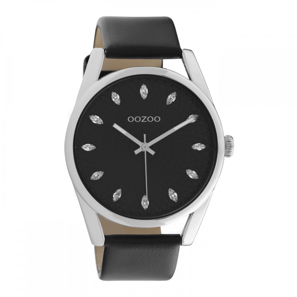 OOZOO Timepieces Crystals Ρολόι Γυναικείο Μαύρο Δερμάτινο Λουράκι C10818