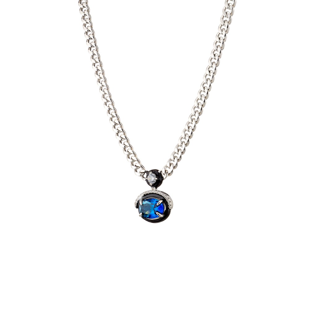 OXETTE Κολιέ Party μεταλλικό ασημί Μπλε κρύσταλλο μαύρο σμάλτο 01X15-00483