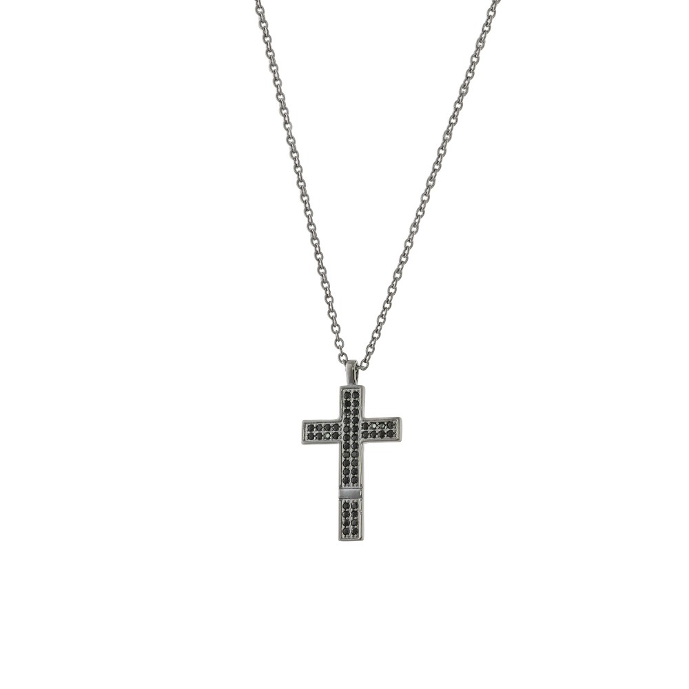 OXETTE Κολιέ Men’s μεταλλικό μαύρο με σταυρό και μαύρα κρύσταλλα 01X15-00406