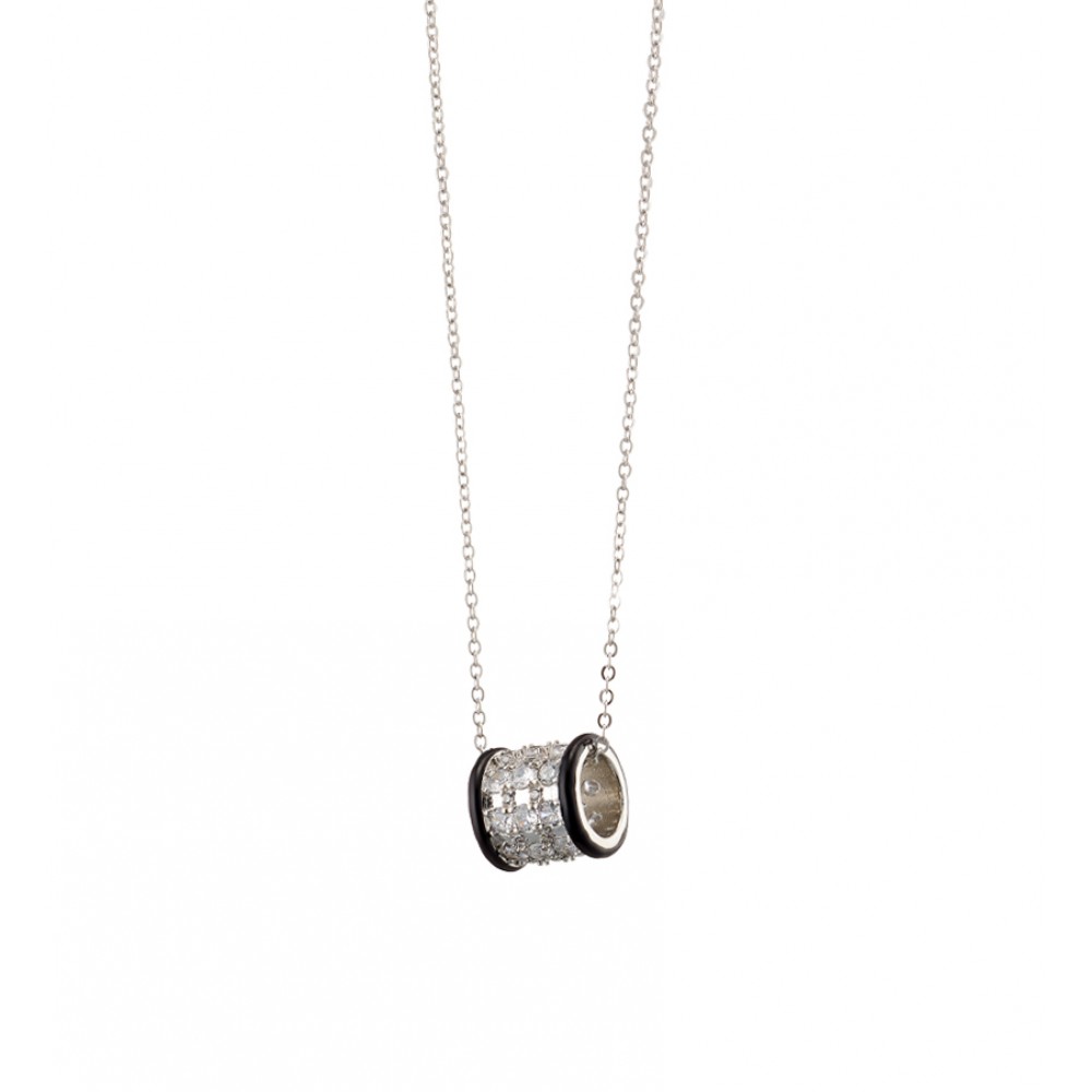 OXETTE Κολιέ Party μεταλλικό ασημί με μαύρο σμάλτο και λευκά ζιργκόν 01X15-00484