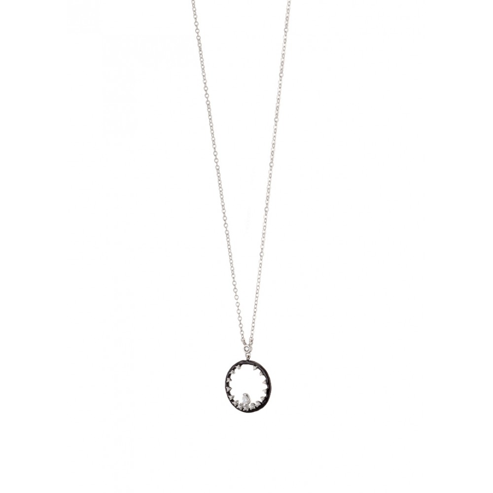 OXETTE Κολιέ Party μεταλλικό ασημί στρογγυλό με μαύρο σμάλτο και λευκά ζιργκόν 01X15-00487