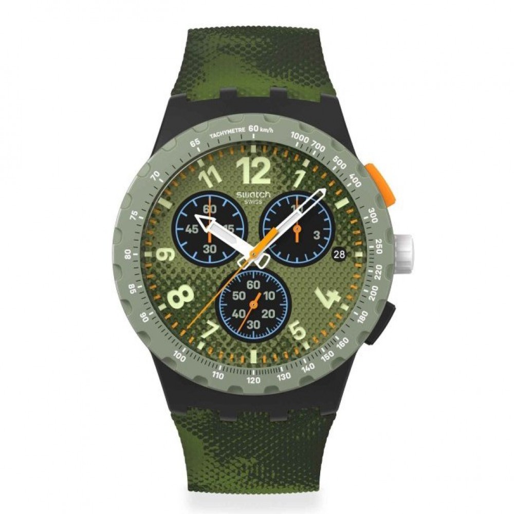 SWATCH MIDDAY CAMO Unisex Ρολόι Πράσινο Camo Λουράκι Σιλικόνης SUSB423