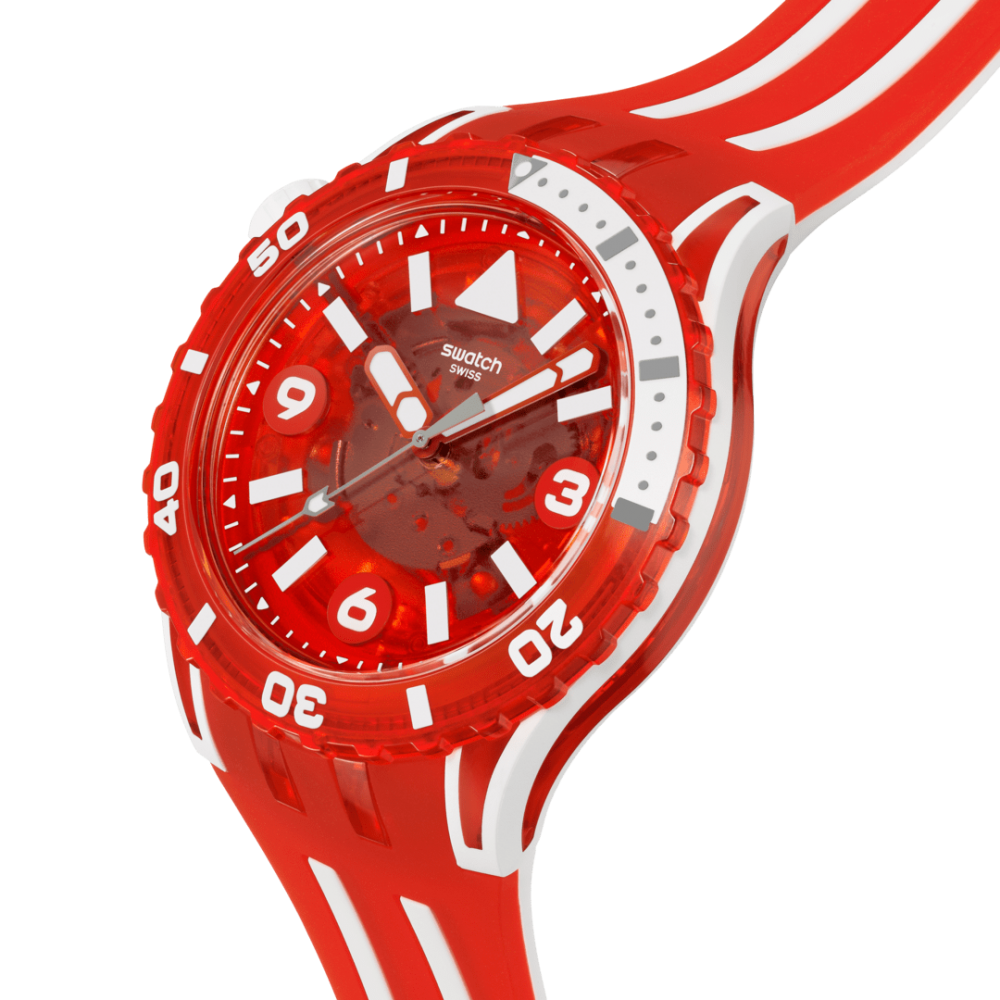 SWATCH SCUBAQUA LION'S MANE Watch Red/White Silicone Strap SSCU09R100
