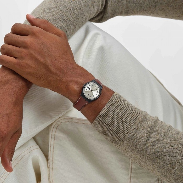 SWATCH SHADOW STITCH Unisex Ρολόι Καφέ Δερμάτινο λουράκι SO28B710