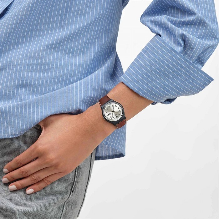 SWATCH SHADOW STITCH Unisex Ρολόι Καφέ Δερμάτινο λουράκι SO28B710