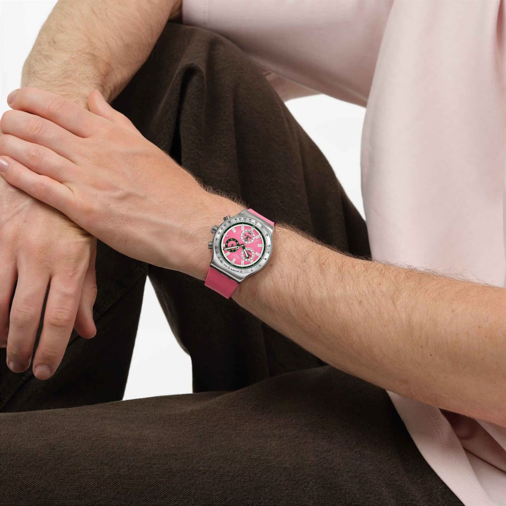 SWATCH BERRY REFLECTIVE Χρονογράφος Ρολόι Ροζ Σιλικ΄ονης λουράκι YVS538