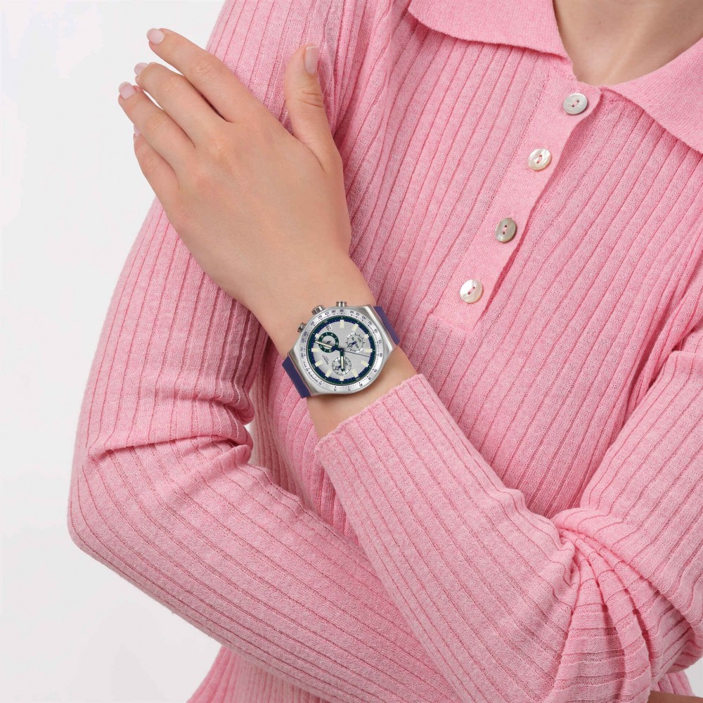 SWATCH BLUE REFLECTIVE Χρονογράφος Ρολόι Μπλε Σιλικ΄ονης λουράκι YVS539