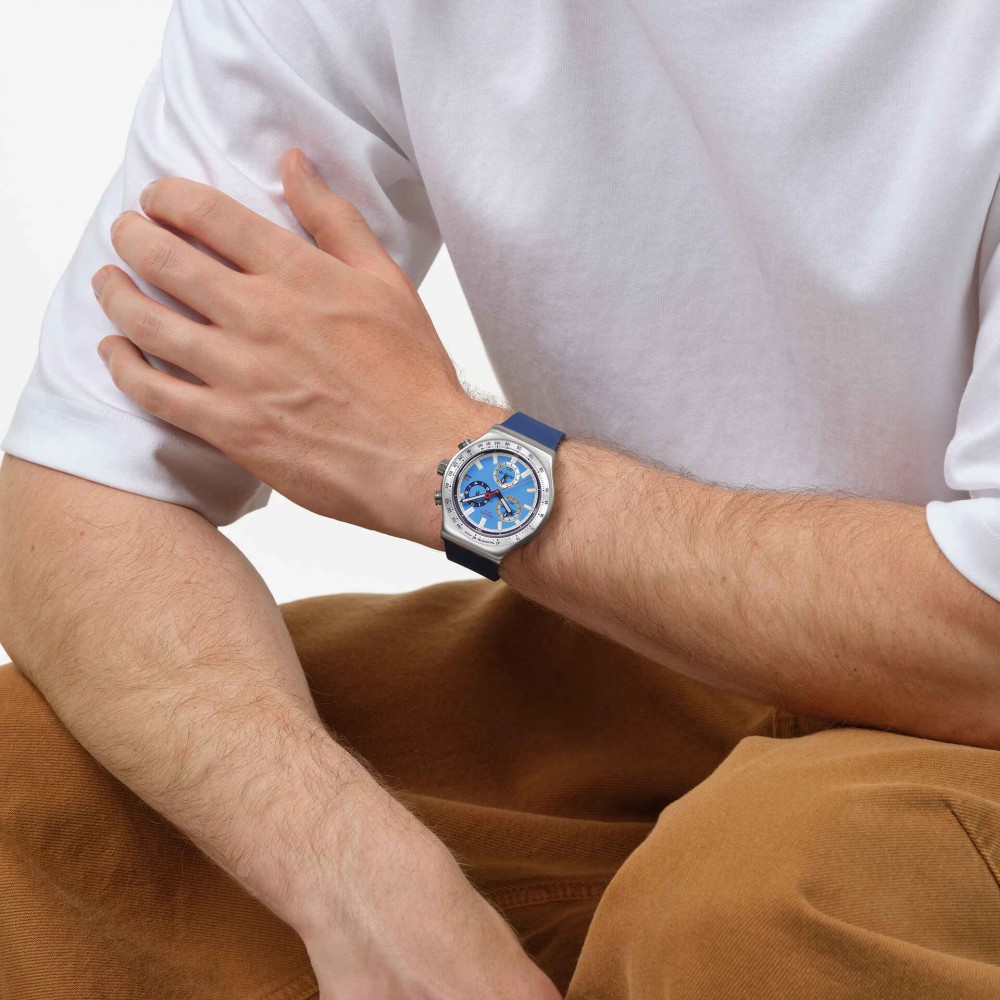 SWATCH SKY REFLECTIVE Χρονογράφος Ρολόι Μπλε Σιλικ΄ονης λουράκι YVS541