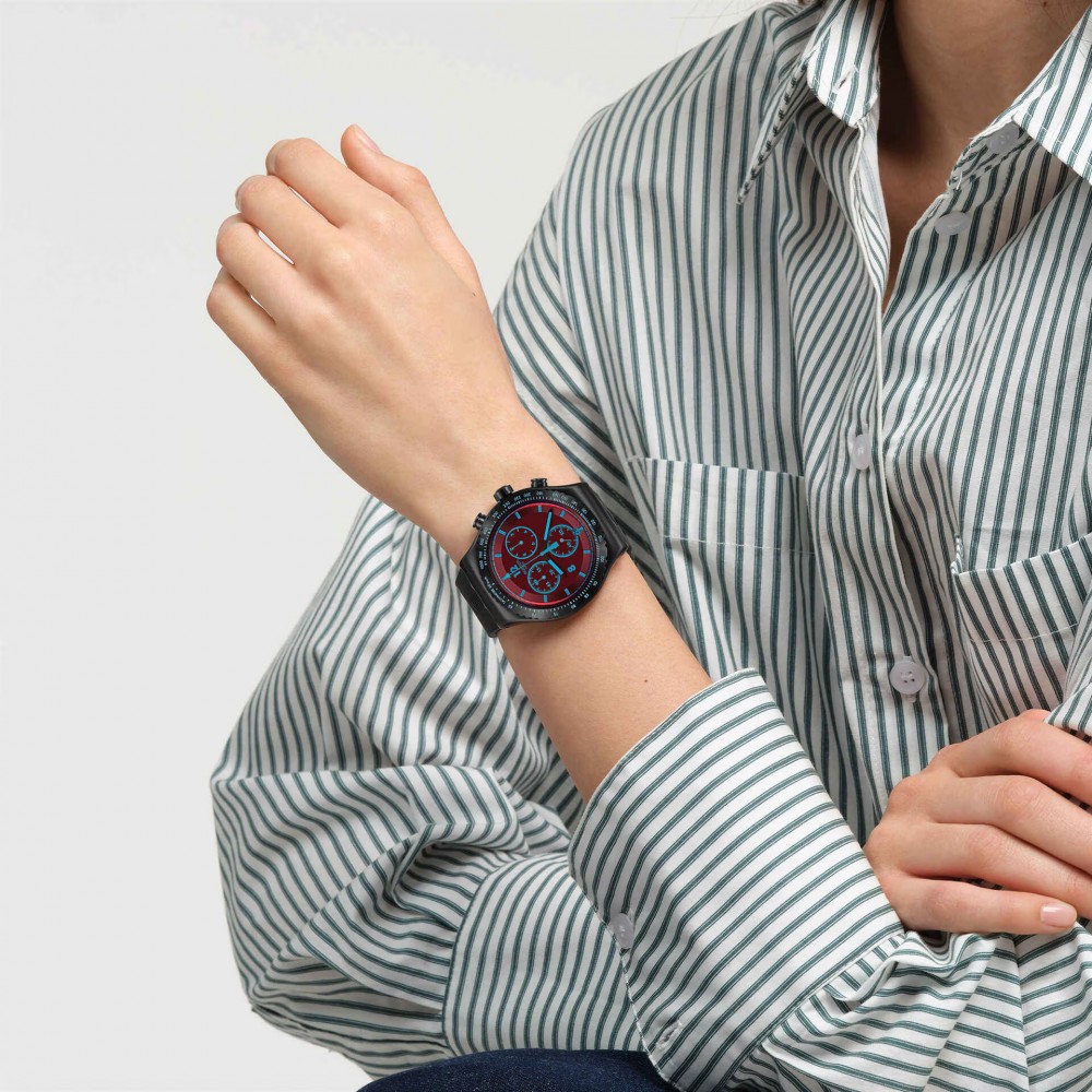 SWATCH CRIMSON MYSTIQUE Ρολόι Χρονογράφος Unisex Μαύρο Καουτσούκ Λουράκι YVB417