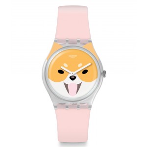 SWATCH AKITA INU Watch Pink Silicone Strap GE279 
