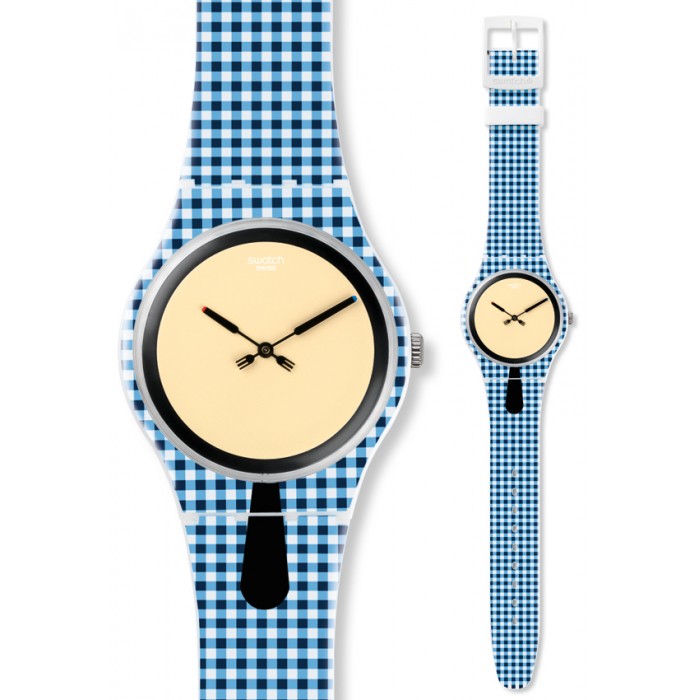 SWATCH Moitie-Moitie Γαλάζιο-Λευκό καρό καουτσούκ λουράκι SUOW118 