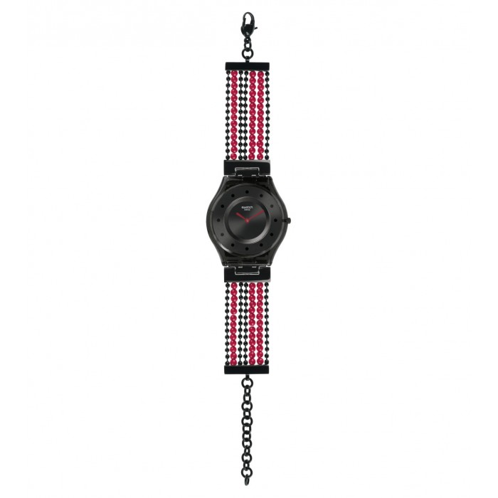 SWATCH BUBBLE CURTAIN Ρολόι Γυναικείο με  μπρασελέ από μαύρες και κόκκινες πέρλες SFM130G