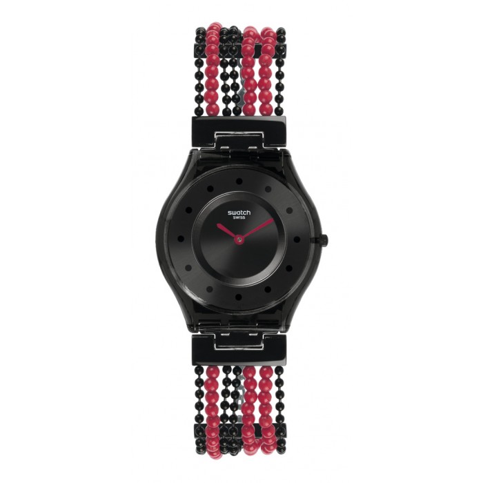 SWATCH BUBBLE CURTAIN Ρολόι Γυναικείο με  μπρασελέ από μαύρες και κόκκινες πέρλες SFM130G