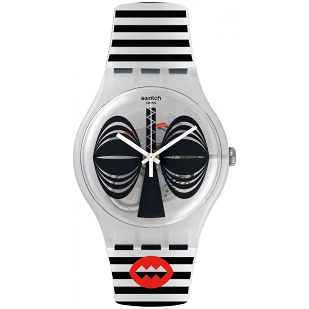 SWATCH MASKARA Unisex Ρολόι Λευκό με μαύρες ρίγες Λουράκι Σιλικόνης SUOW122