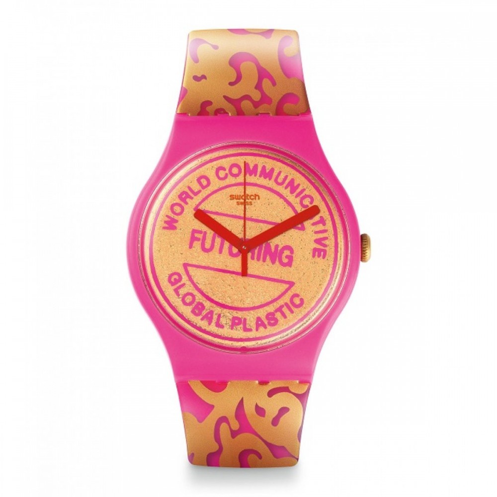 SWATCH FUTURING BY EVA & ADELE Ladies watch Fuchsia and gold Silicone strap SUOZ200