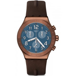  SWATCH BACK TO COPPER Ανδρικό Ρολόι-Χρονογράφος Καφέ Δερμάτινο Λουράκι YVC100 