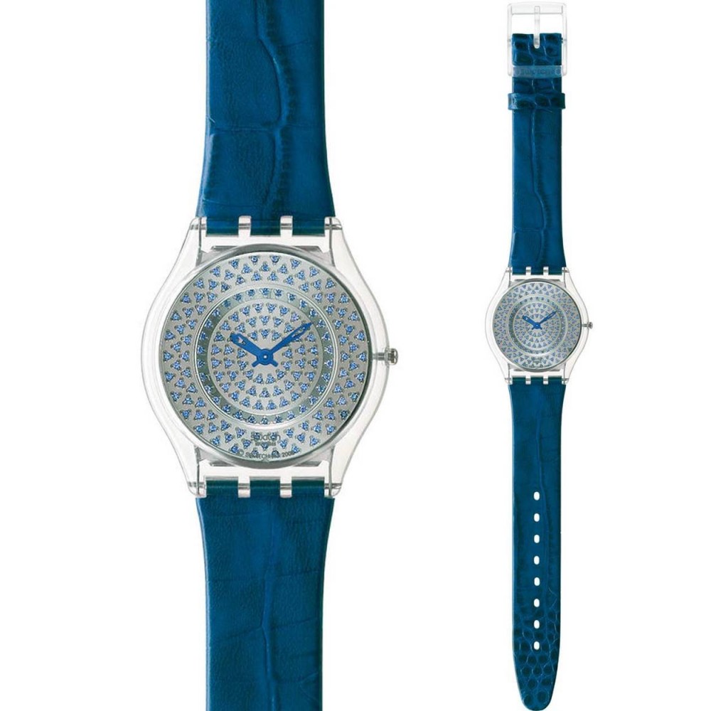 SWATCH BLUE LUSTROUS BLISS Ρολόι γυναικείο Μπλε Δερμάτινο Λουυράκι  SFZ111