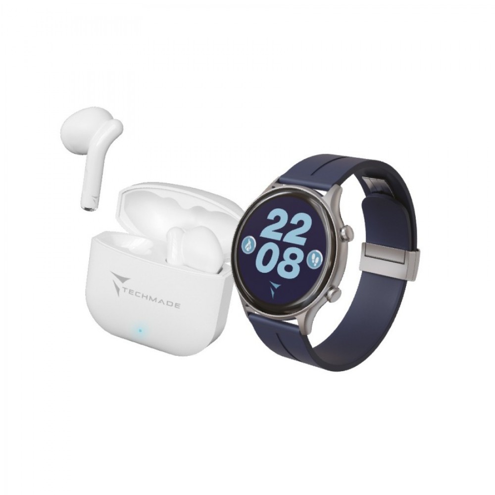 TECHMADE Dynamic 2 Smartwatch Μπλε Λουράκι Σιλικόνης + Bluetooth ακουστικά TM-DYNAMIC2-BL