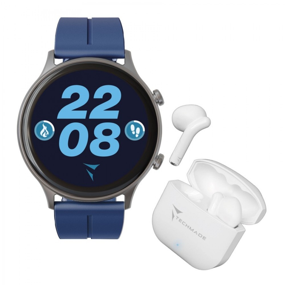 TECHMADE Dynamic 2 Smartwatch Μπλε Λουράκι Σιλικόνης + Bluetooth ακουστικά TM-DYNAMIC2-BL