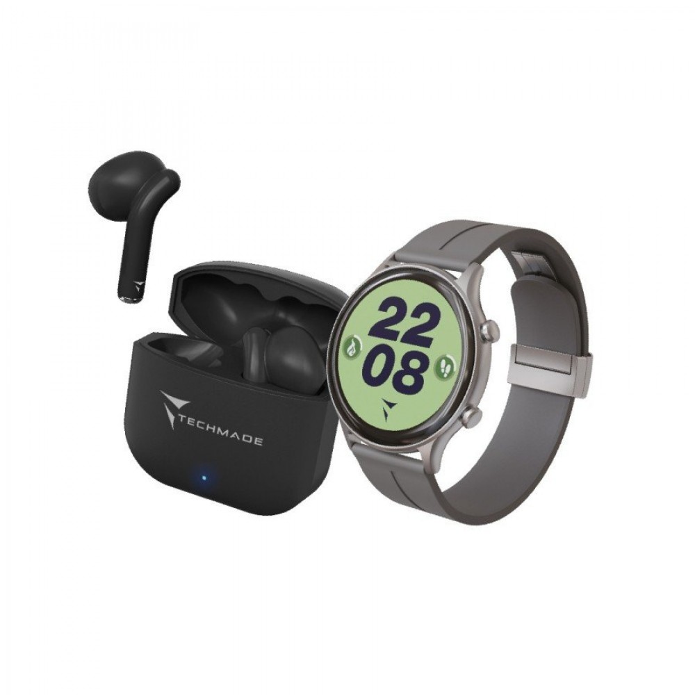 TECHMADE Dynamic 2 Smartwatch Γκρι Λουράκι Σιλικόνης + Bluetooth ακουστικά TM-DYNAMIC2-GY