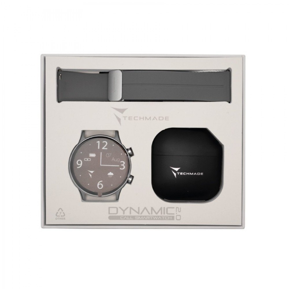 TECHMADE Dynamic 2 Smartwatch Γκρι Λουράκι Σιλικόνης + Bluetooth ακουστικά TM-DYNAMIC2-GY