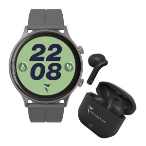 TECHMADE Dynamic 2 Smartwatch Γκρι Λουράκι Σιλικόνης + Bluetooth ακουστικά TM-DYNAMIC2-GY